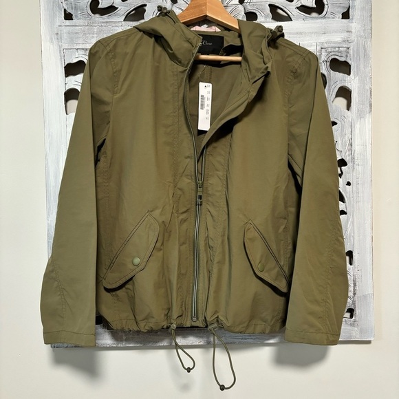 J. Crew Olive Green Full Zip Cinch Crop Waist Hoodie Windbreaker Jacket NWT - Picture 2 of 7